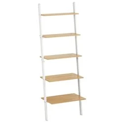 MDesign 5-Tier Leaning Ladder Bookshelf - Rustic Ladder-Style Shelf Bookcase - Decorative Slanted Storage Rack W/Composite Wood Shelves For Bathroom, Living Room - Ladder Shelves - White/Modern Oak -Best Furniture Store 21A5wpTWZKL