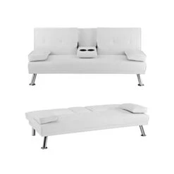 Naomi Home White Futon Sofa Bed, Faux Leather Futon Couch With Armrest And 2 Cupholders, Pull Out Sofa Bed Couch With Metal Legs, Reclining Small Couch Bed, White Futon Sofa Bed For Living Room -Best Furniture Store 21NqzmVf73L