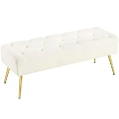 Yaheetech Modern Ottoman Bench Boucle Bench Upholstered Footrest For Living Room With Gold Metal Legs And Padded Seat Ivory