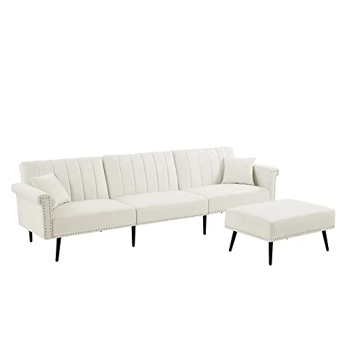 GENERIC L-Shape Sectional Sofa With Ottoman Elegant Line Design Folding Futon Bed Nailhead Trim White Cabin Lodge Mid-Century Modern Solid Velvet Handmade 4 GENERIC L-Shape Sectional Sofa With Ottoman Elegant Line Design Folding Futon Bed Nailhead Trim White Cabin Lodge Mid-Century Modern Solid Velvet Handmade - Image 4