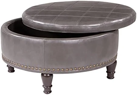 OSP Home Furnishings Augusta Round Storage Ottoman With Decorative Nailheads And Flip Over Lid With Serving Tray Surface, Espresso Faux Leather 9 OSP Home Furnishings Augusta Round Storage Ottoman With Decorative Nailheads And Flip Over Lid With Serving Tray Surface, Espresso Faux Leather - Image 9