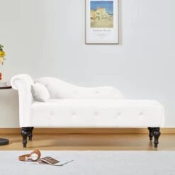 GENERIC Tufted Upholstered Velvet Rolled Arm Chaise Lounges Indoor Chair, Right Arm Facing Chaise Lounge With Nailhead Trim For Living Room Bedroom Office(White), 27.5D X 60.6W X 28.3H In -Best Furniture Store 310ls6HXs2L