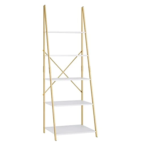 Finetones 5-Tier Ladder Shelf, Free Standing A-Shape Display Bookcase, Storage Organizer Unit With Metal Frame, Flower Stand Plant Rack For Living Room, Kitchen, Bathroom, Home Office, White/Gold 5 Finetones 5-Tier Ladder Shelf, Free Standing A-Shape Display Bookcase, Storage Organizer Unit With Metal Frame, Flower Stand Plant Rack For Living Room, Kitchen, Bathroom, Home Office, White/Gold - Image 5