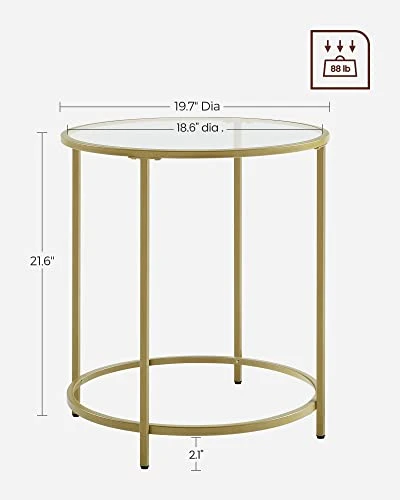 VASAGLE Round Side Table, Glass End Table With Metal Frame, Gold Coffee Table With Modern Style For Living Room, Balcony, Bedroom 3 VASAGLE Round Side Table, Glass End Table With Metal Frame, Gold Coffee Table With Modern Style For Living Room, Balcony, Bedroom - Image 3