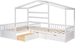 House Bed Double Twin Beds, Wood L-Shaped 2 Twin Platform Beds With Storage Drawers,Montessori Bed With Roof ,Fence And Slatted Design, Corner Playhouse Bed Frame For Kids Girls Boys ,White -Best Furniture Store 311ddBankHL