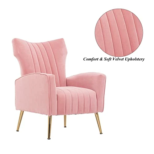 Altrobene Velvet Accent Chair Modern Wingback Comfy Chair Tufted Reading Armchair With Gold Legs For Living Room/Bedroom, Light Pink 4 Altrobene Velvet Accent Chair Modern Wingback Comfy Chair Tufted Reading Armchair With Gold Legs For Living Room/Bedroom, Light Pink - Image 4