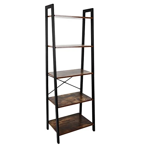 Babion 5-Tier Ladder Shelf, Bookcase Ladder Shelf, Bookshelf Wood Ladder Shelves With Metal Frame, Freestanding Storage Shelves For Home Office Garden (Vintage Color) 2 Babion 5-Tier Ladder Shelf, Bookcase Ladder Shelf, Bookshelf Wood Ladder Shelves With Metal Frame, Freestanding Storage Shelves For Home Office Garden (Vintage Color) - Image 2