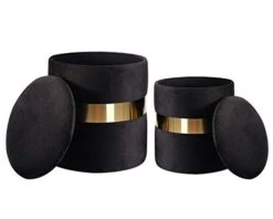 DEERUN Round Velvet Storage Ottoman Foot Rest Stool/Upholstered Footstool/Side Table Seat Make Up Stool With Stainless Steel Band, Pack Of 2 (Black) -Best Furniture Store 313csQEZqaL