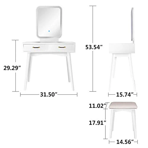 Anity Table Set With Lighted LED Touch Screen Dimming Mirror,Makeup Dressing Table With 2 Sliding Drawers, 1 Cushioned Stool For Bedroom, Bathroom (White) 4 Anity Table Set With Lighted LED Touch Screen Dimming Mirror,Makeup Dressing Table With 2 Sliding Drawers, 1 Cushioned Stool For Bedroom, Bathroom (White) - Image 4