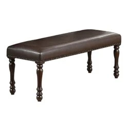 Benjara Nailhead Trim Faux Leather Dining Bench With Turned Legs, Brown