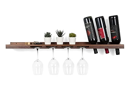 Rustic State Molise Wall Mount Wood Floating Wine Rack Stemware Holder Glassware Shelf Cork Storage Organizer For 3 Bottles And 4 Glasses - Home, Kitchen, Dining Room Bar Décor - Walnut 3 Rustic State Molise Wall Mount Wood Floating Wine Rack Stemware Holder Glassware Shelf Cork Storage Organizer For 3 Bottles And 4 Glasses - Home, Kitchen, Dining Room Bar Décor - Walnut - Image 3
