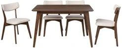 Christopher Knight Home Megann Mid-Century Wood Dining Set With Fabric Chairs, 5-Pcs Set, Natural Walnut / Light Beige