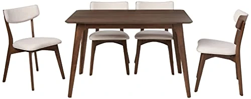 Christopher Knight Home Megann Mid-Century Wood Dining Set With Fabric Chairs, 5-Pcs Set, Natural Walnut / Light Beige 1 Christopher Knight Home Megann Mid-Century Wood Dining Set With Fabric Chairs, 5-Pcs Set, Natural Walnut / Light Beige