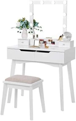Anity Set With Lighted Mirror, Makeup Vanity With 10 LED Bulbs, Vanity Desk Makeup Desk With 4 Drawers 2 DIY Dividers Removable Makeup Organizer & Cushioned Stool, White Vanity Table FST10W -Best Furniture Store 317oHzABv L. AC