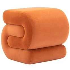 LETESA Modern Velvet Upholstered Ottoman, Exquisite Small End Table, Soft Foot Stool With S-Shape, Dressing Makeup Chair, Comfortable Seat For Living Room, Bedroom, Entrance (Orange, S-Shape)