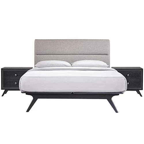 Addison Mid-Century Modern Platform Queen Size Bed And Two Nightstands In Black Gray 2 Addison Mid-Century Modern Platform Queen Size Bed And Two Nightstands In Black Gray - Image 2