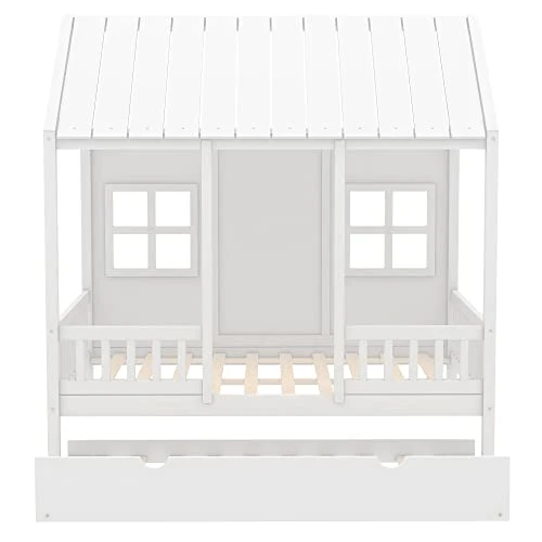 Jmaxo Full House Bed With Trundle,House Bed For Kids,Wooden Platform Bed Frame With Headboard And Roof,for Girls Boys(Full Size,White) 4 Jmaxo Full House Bed With Trundle,House Bed For Kids,Wooden Platform Bed Frame With Headboard And Roof,for Girls Boys(Full Size,White) - Image 4