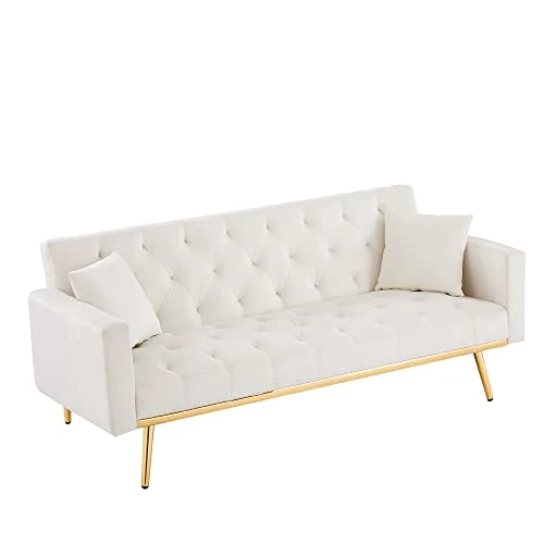 BONOFF Modern Sofa Bed With Convertible Folding Futon, Loveseats Furniture With Metal Legs For Compact Living Space, Apartment, Dorm, Living Room, Office, White (Cream White) 2 BONOFF Modern Sofa Bed With Convertible Folding Futon, Loveseats Furniture With Metal Legs For Compact Living Space, Apartment, Dorm, Living Room, Office, White (Cream White) - Image 2