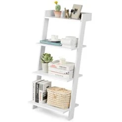 Tangkula 4 Tier Ladder Shelf, Leaning Bookshelf With Solid Wooden Frame, Anti-toppling Device, Anti-falling Baffle, Organizer Shelf, Open Shelving Unit For Home Office, 19.5 X 17.5 X 43 Inches (White)
