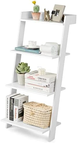 Tangkula 4 Tier Ladder Shelf, Leaning Bookshelf With Solid Wooden Frame, Anti-toppling Device, Anti-falling Baffle, Organizer Shelf, Open Shelving Unit For Home Office, 19.5 X 17.5 X 43 Inches (White) 9 Tangkula 4 Tier Ladder Shelf, Leaning Bookshelf With Solid Wooden Frame, Anti-toppling Device, Anti-falling Baffle, Organizer Shelf, Open Shelving Unit For Home Office, 19.5 X 17.5 X 43 Inches (White) - Image 9