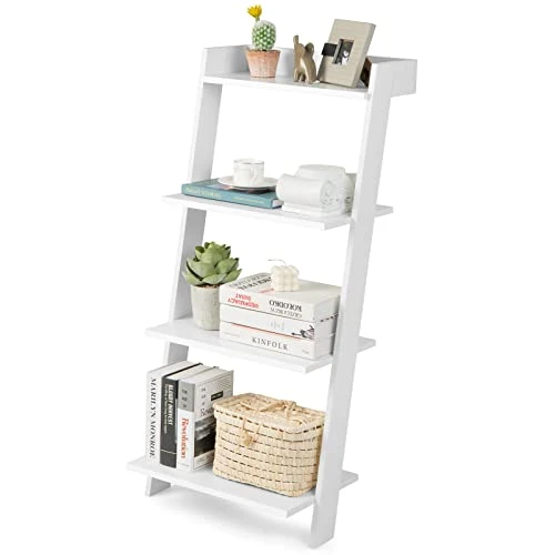 Tangkula 4 Tier Ladder Shelf, Leaning Bookshelf With Solid Wooden Frame, Anti-toppling Device, Anti-falling Baffle, Organizer Shelf, Open Shelving Unit For Home Office, 19.5 X 17.5 X 43 Inches (White) 1 Tangkula 4 Tier Ladder Shelf, Leaning Bookshelf With Solid Wooden Frame, Anti-toppling Device, Anti-falling Baffle, Organizer Shelf, Open Shelving Unit For Home Office, 19.5 X 17.5 X 43 Inches (White)