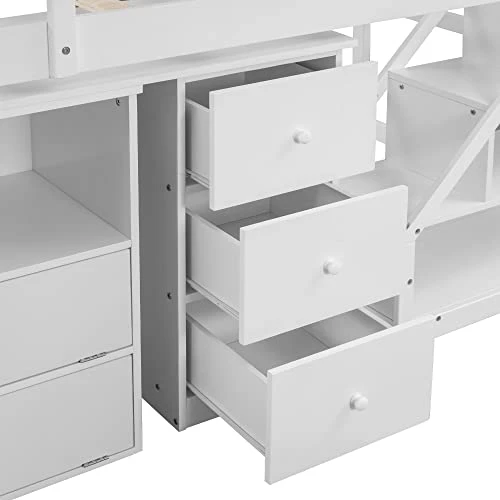 Harper & Bright Designs Twin Loft Bed With Multifunctional Movable Built-in Desk, Wood Low Loft Bed With Stairs, For Kids Teens Girls Boys - White 4 Harper & Bright Designs Twin Loft Bed With Multifunctional Movable Built-in Desk, Wood Low Loft Bed With Stairs, For Kids Teens Girls Boys - White - Image 4