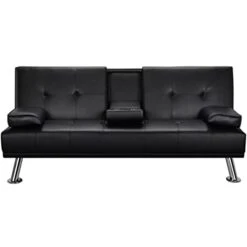 JAHH Faux Leather Futon Multifunctional Convertible Folding Bed Sofa With Cupholders Pillows