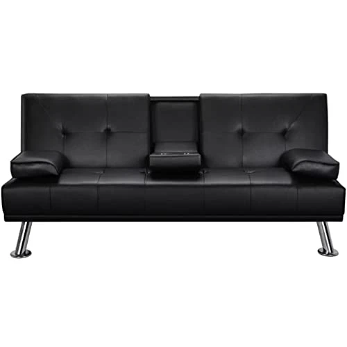 JAHH Faux Leather Futon Multifunctional Convertible Folding Bed Sofa With Cupholders Pillows 1 JAHH Faux Leather Futon Multifunctional Convertible Folding Bed Sofa With Cupholders Pillows