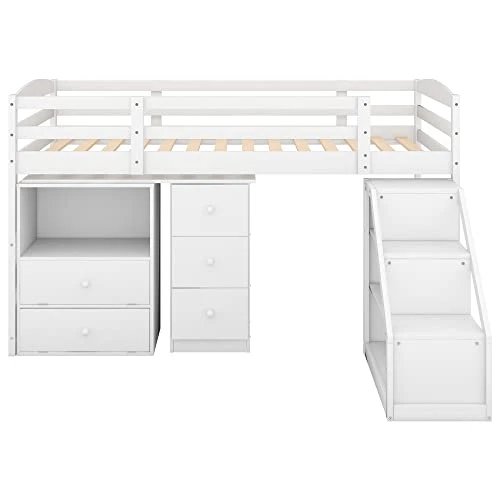 Harper & Bright Designs Twin Loft Bed With Multifunctional Movable Built-in Desk, Wood Low Loft Bed With Stairs, For Kids Teens Girls Boys - White 6 Harper & Bright Designs Twin Loft Bed With Multifunctional Movable Built-in Desk, Wood Low Loft Bed With Stairs, For Kids Teens Girls Boys - White - Image 6