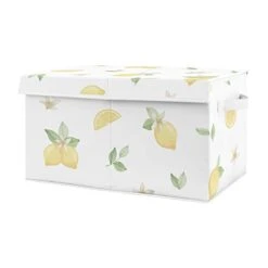 Sweet Jojo Designs Lemon Floral Girl Small Fabric Toy Bin Storage Box Chest For Baby Nursery Kids Room - Yellow Green Beige White Watercolor Boho Bohemian Farmhouse Fruit Flower Blossom Botanical Leaf