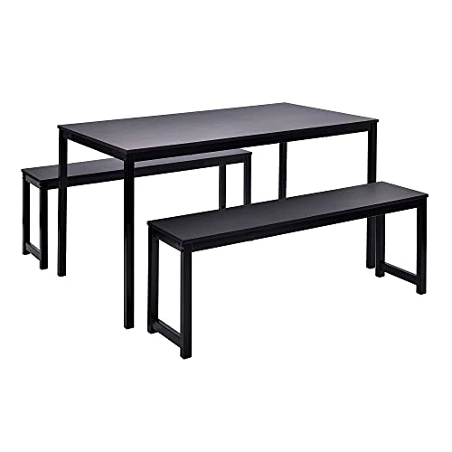 Dining Table Set, Hinpia 3 Pieces Modern Kitchen Table With 2 Benches, Wood Tabletop And Metal Frame (Black) 3 Dining Table Set, Hinpia 3 Pieces Modern Kitchen Table With 2 Benches, Wood Tabletop And Metal Frame (Black) - Image 3