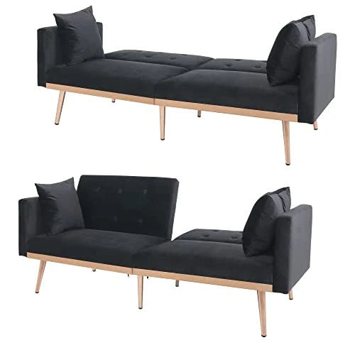 QHITTY Velvet Couch, Accent Sofa Couch Sleeper Loveseat Sofa Bed With Rose Gold Metal Feet And 2 Pillows For Living Room, Office (Black) 3 QHITTY Velvet Couch, Accent Sofa Couch Sleeper Loveseat Sofa Bed With Rose Gold Metal Feet And 2 Pillows For Living Room, Office (Black) - Image 3