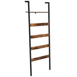 VASAGLE Blanket Ladder, Wall-Leaning Rack With Storage Shelf, For Blankets, Quilt, Towels, Scarves, Steel Frame, Industrial Style, Rustic Brown And Black ULLS012B01