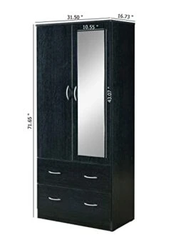 Two Door Wardrobe With Two Drawers And Hanging Rod Plus Mirror, Black -Best Furniture Store 31GCDayEX3L