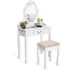 White Vanity Table Set With Stool, Dressing Table For Girls Women Mirror Makeup Table Desk Room Vanity Dresser, Large Bedroom Vanities W/Drawer
