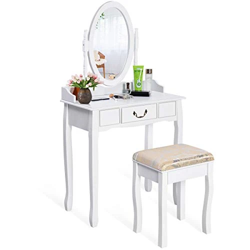 White Vanity Table Set With Stool, Dressing Table For Girls Women Mirror Makeup Table Desk Room Vanity Dresser, Large Bedroom Vanities W/Drawer 1 White Vanity Table Set With Stool, Dressing Table For Girls Women Mirror Makeup Table Desk Room Vanity Dresser, Large Bedroom Vanities W/Drawer
