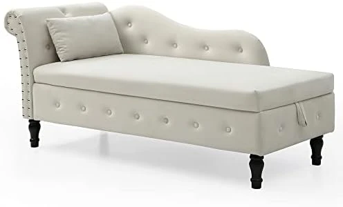 Homtique 60" Velvet Storage Chaise Lounge Indoor Button Tufted With Pillow, Nailhead Decorate Rolled Arm Chaise Lounge For Bedroom Living Room (Beige, With Storage) 6 Homtique 60" Velvet Storage Chaise Lounge Indoor Button Tufted With Pillow, Nailhead Decorate Rolled Arm Chaise Lounge For Bedroom Living Room (Beige, With Storage) - Image 6