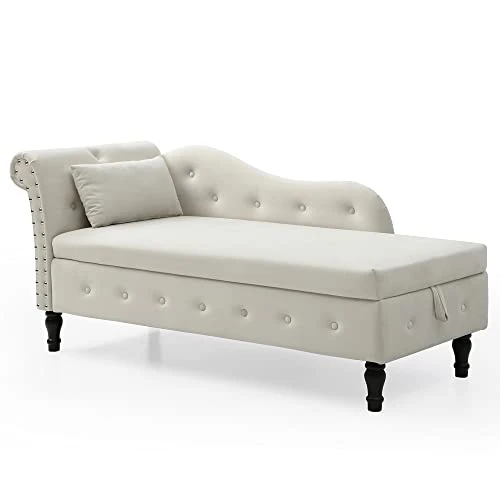 Homtique 60" Velvet Storage Chaise Lounge Indoor Button Tufted With Pillow, Nailhead Decorate Rolled Arm Chaise Lounge For Bedroom Living Room (Beige, With Storage) 1 Homtique 60" Velvet Storage Chaise Lounge Indoor Button Tufted With Pillow, Nailhead Decorate Rolled Arm Chaise Lounge For Bedroom Living Room (Beige, With Storage)