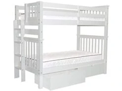 Tall Bunk Beds Twin Over Twin Mission Style With End Ladder And 2 Under Bed Drawers, White