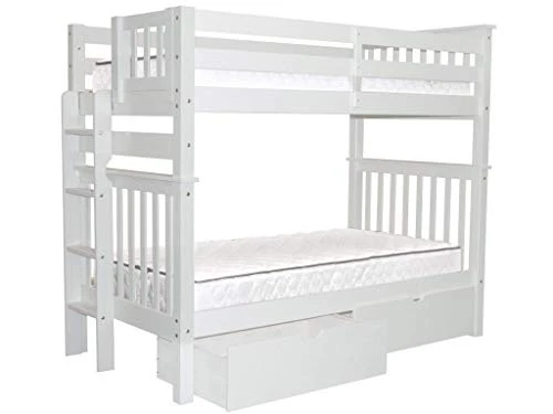 Tall Bunk Beds Twin Over Twin Mission Style With End Ladder And 2 Under Bed Drawers, White 1 Tall Bunk Beds Twin Over Twin Mission Style With End Ladder And 2 Under Bed Drawers, White