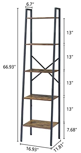 Hoctieon Industrial Ladder Bookshelf, Multifunctional Ladder Shelf, 5-Tier Tall Bookshelf, Open Ladder Shelf Bookcase, For Living Room, Home Office, Kitchen, Bedroom, Metal Frame, Rustic Brown 3 Hoctieon Industrial Ladder Bookshelf, Multifunctional Ladder Shelf, 5-Tier Tall Bookshelf, Open Ladder Shelf Bookcase, For Living Room, Home Office, Kitchen, Bedroom, Metal Frame, Rustic Brown - Image 3