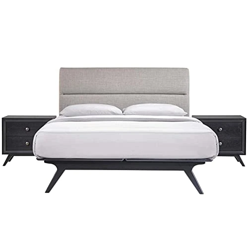 Addison Mid-Century Modern Platform Queen Size Bed And Two Nightstands In Black Gray 1 Addison Mid-Century Modern Platform Queen Size Bed And Two Nightstands In Black Gray