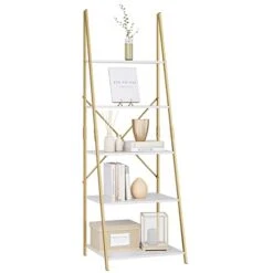 Finetones 5-Tier Ladder Shelf, Free Standing A-Shape Display Bookcase, Storage Organizer Unit With Metal Frame, Flower Stand Plant Rack For Living Room, Kitchen, Bathroom, Home Office, White/Gold