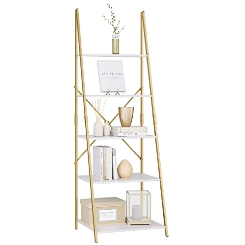 Finetones 5-Tier Ladder Shelf, Free Standing A-Shape Display Bookcase, Storage Organizer Unit With Metal Frame, Flower Stand Plant Rack For Living Room, Kitchen, Bathroom, Home Office, White/Gold 1 Finetones 5-Tier Ladder Shelf, Free Standing A-Shape Display Bookcase, Storage Organizer Unit With Metal Frame, Flower Stand Plant Rack For Living Room, Kitchen, Bathroom, Home Office, White/Gold