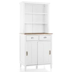 PETSITE Kitchen Pantry Storage Cabinet, 67" Freestanding Microwave Cupboard With Sliding Door Cabinet, Drawers & Shelves, Buffet With Hutch For Living Room, Dining Room, White