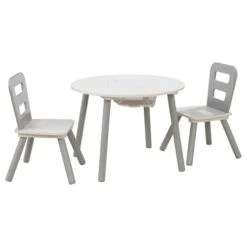 KidKraft Wooden Round Table & 2 Chair Set With Center Mesh Storage, Kids Furniture, Gray & White, Gift For Ages 3-6