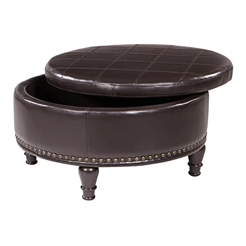 OSP Home Furnishings Augusta Round Storage Ottoman With Decorative Nailheads And Flip Over Lid With Serving Tray Surface, Espresso Faux Leather 3 OSP Home Furnishings Augusta Round Storage Ottoman With Decorative Nailheads And Flip Over Lid With Serving Tray Surface, Espresso Faux Leather - Image 3