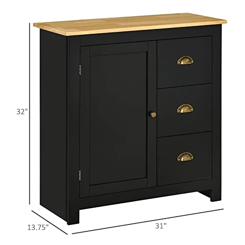 HOMCOM Modern Kitchen Cabinet, Storage Sideboard, Buffet Table With Rubberwood Top, 3 Drawers And Cabinet With Adjustable Shelf, Black 3 HOMCOM Modern Kitchen Cabinet, Storage Sideboard, Buffet Table With Rubberwood Top, 3 Drawers And Cabinet With Adjustable Shelf, Black - Image 3