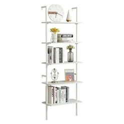 MELLCOM 5 Tier Industrial Ladder Shelf, Wood Modern Bookshelf With White Metal Frame, Wall-Mounted Plant Flower Storage Organizer For Living Room, Bathroom, Kitchen, Balcony