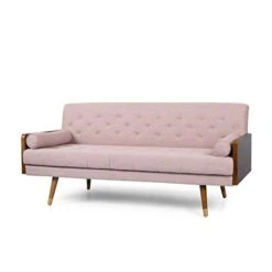 GDFStudio Aidan Mid-Century Modern Tufted Fabric Sofa, Light Blush And Dark Walnut